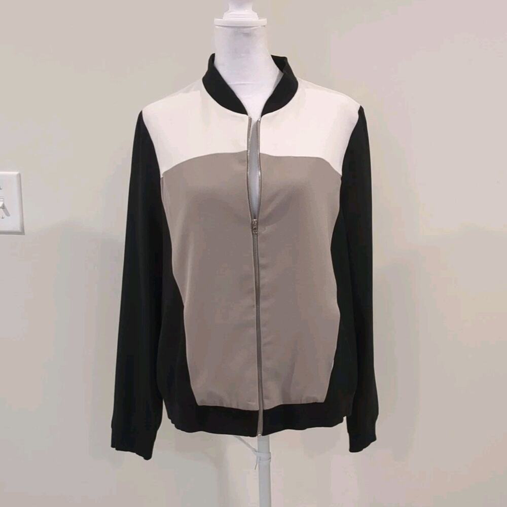 Y2K Bomber Jacket Medium Color Block City Streetwear Long Sleeve Black Tan white